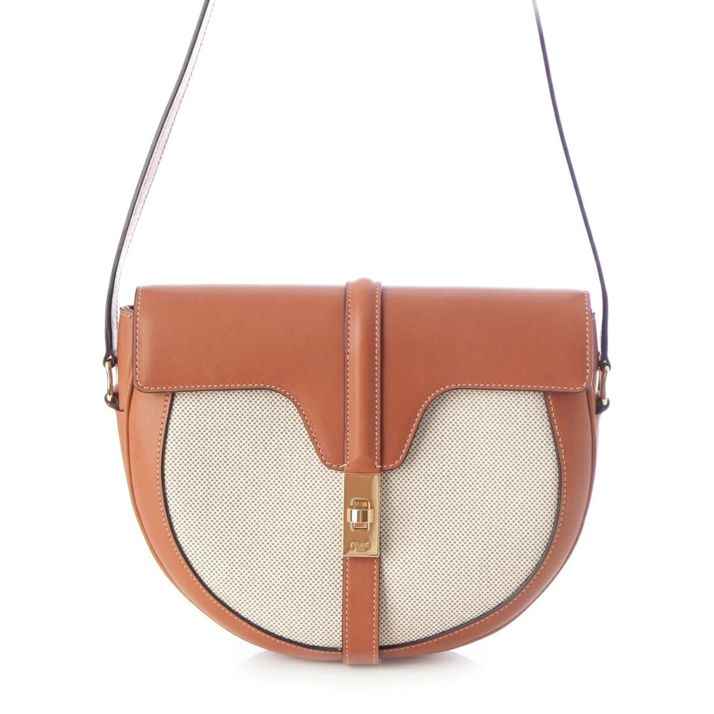 Celine Seize Leather Canvas Shoulder Bag Brown